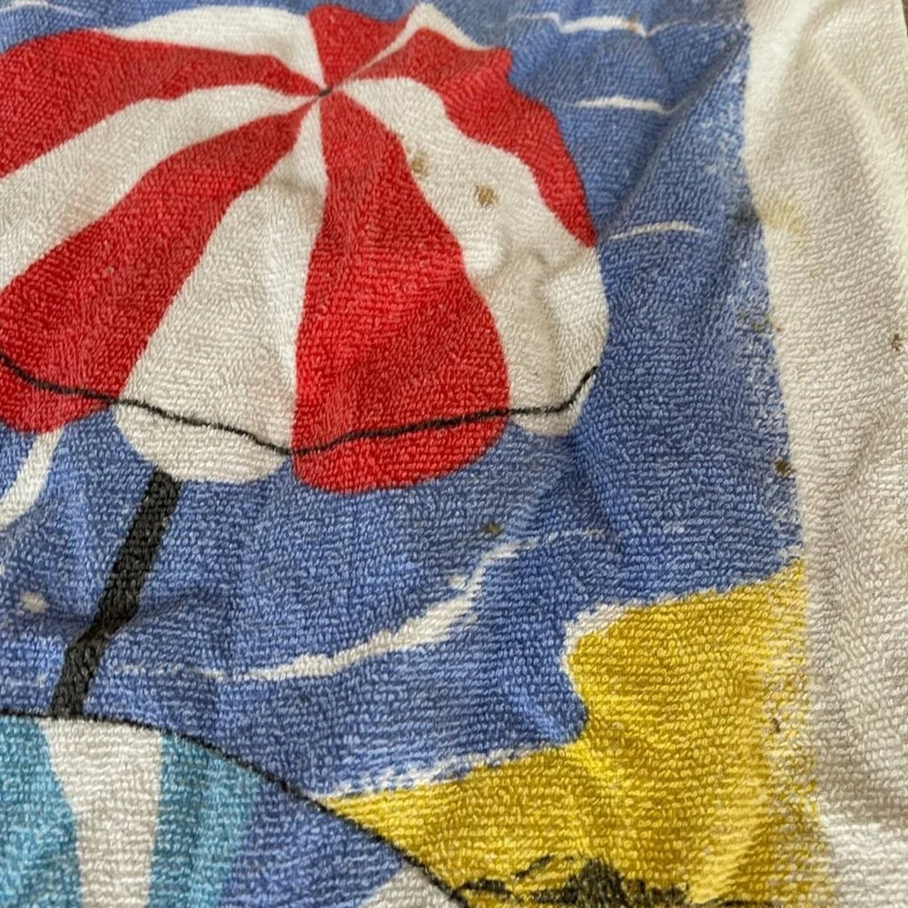 Vintage Beach Scene Towel Terry Cloth Lighthouse Seagulls Sailboat 46x25 Stains